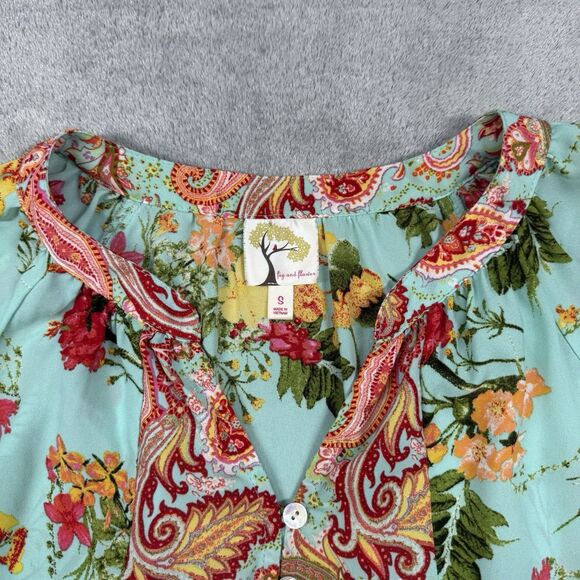 Fig & Flower Anthropologie Floral Boho Peasant Blouse Top Women's S Blue Paisley - Picture 2 of 7